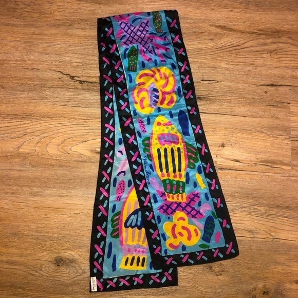 VTG 80s Ken Done Silk Long Tie Scarf Head Wrap Tropical Fish Floral Bright - Picture 2 of 6
